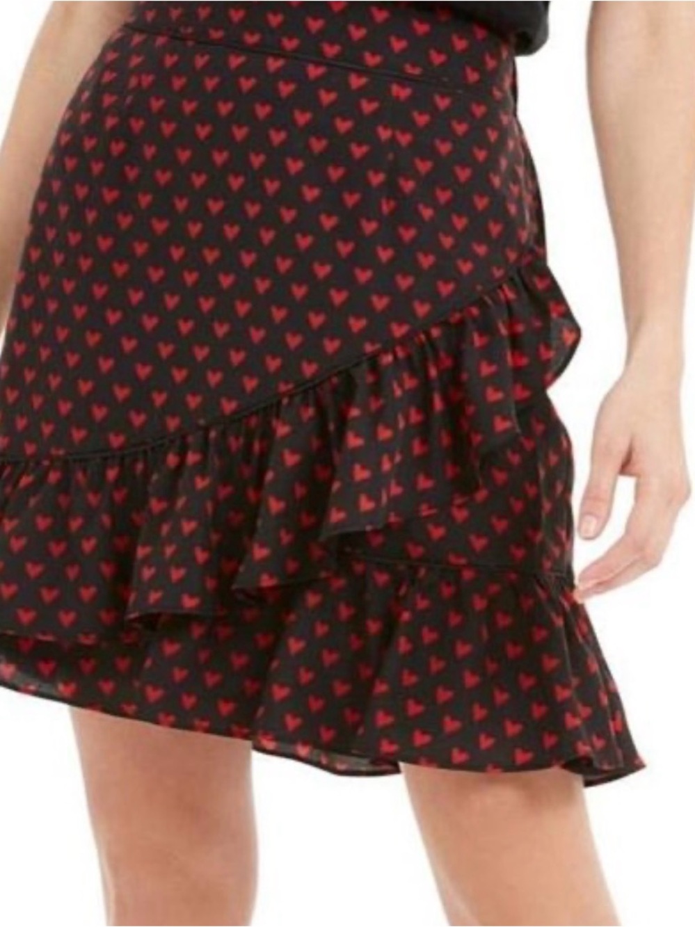 Maison Jules Black Skirt with Red Heart Print and Ruffle Wrap